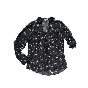 Express Womens Portofino Shirt Size S Black Sheer Bird Print Office Novelty Goth